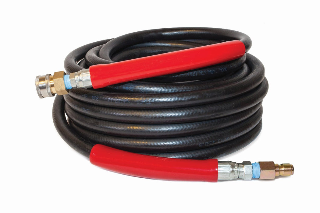 Black Legacy hose with red bend restrictors and QC ends