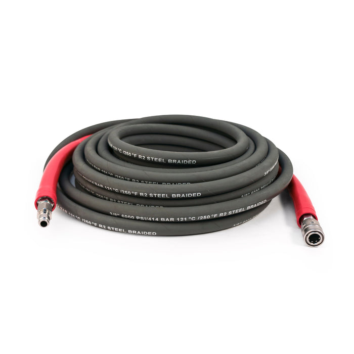 Gray pressure washer hose with red bend restrictors and QC ends