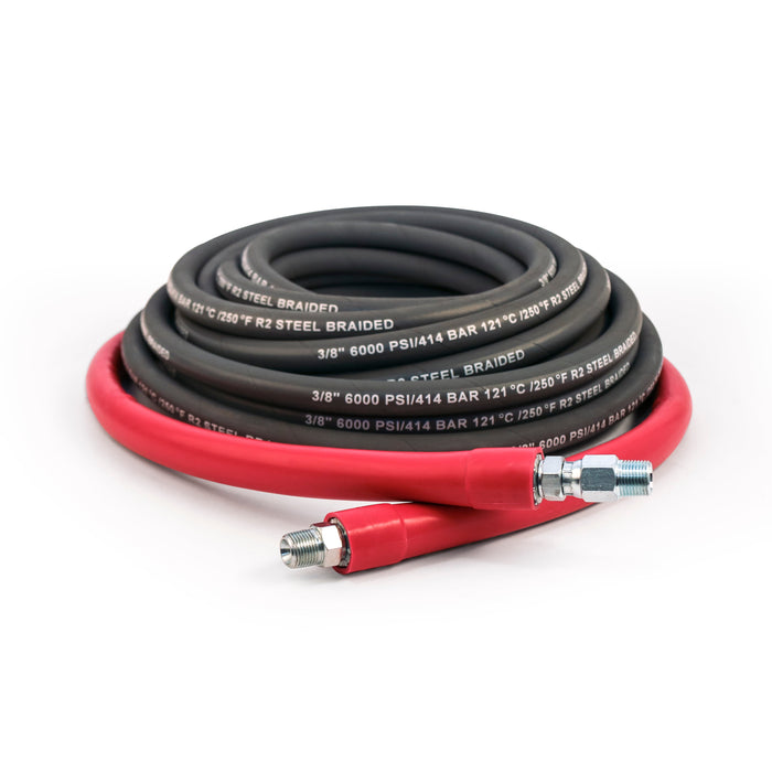 Gray pressure washer hose with red restrictors and threaded ends