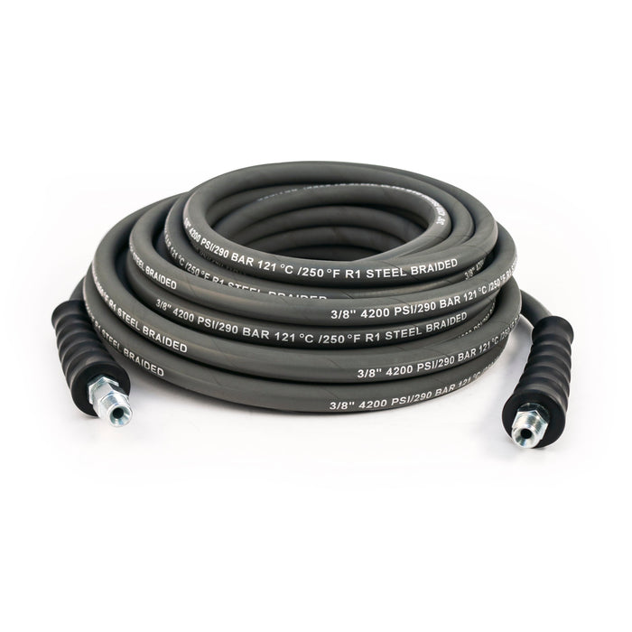 Gray pressure washer hose with ribbed bend restrictors